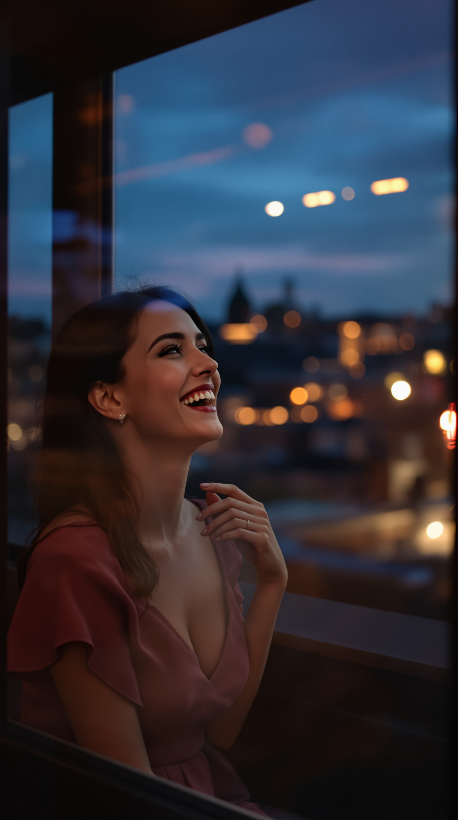 Joyful Woman City View Night Sky Mobile Wallpaper, happy woman, city night, dusk, urban view, bokeh lights, pink dress