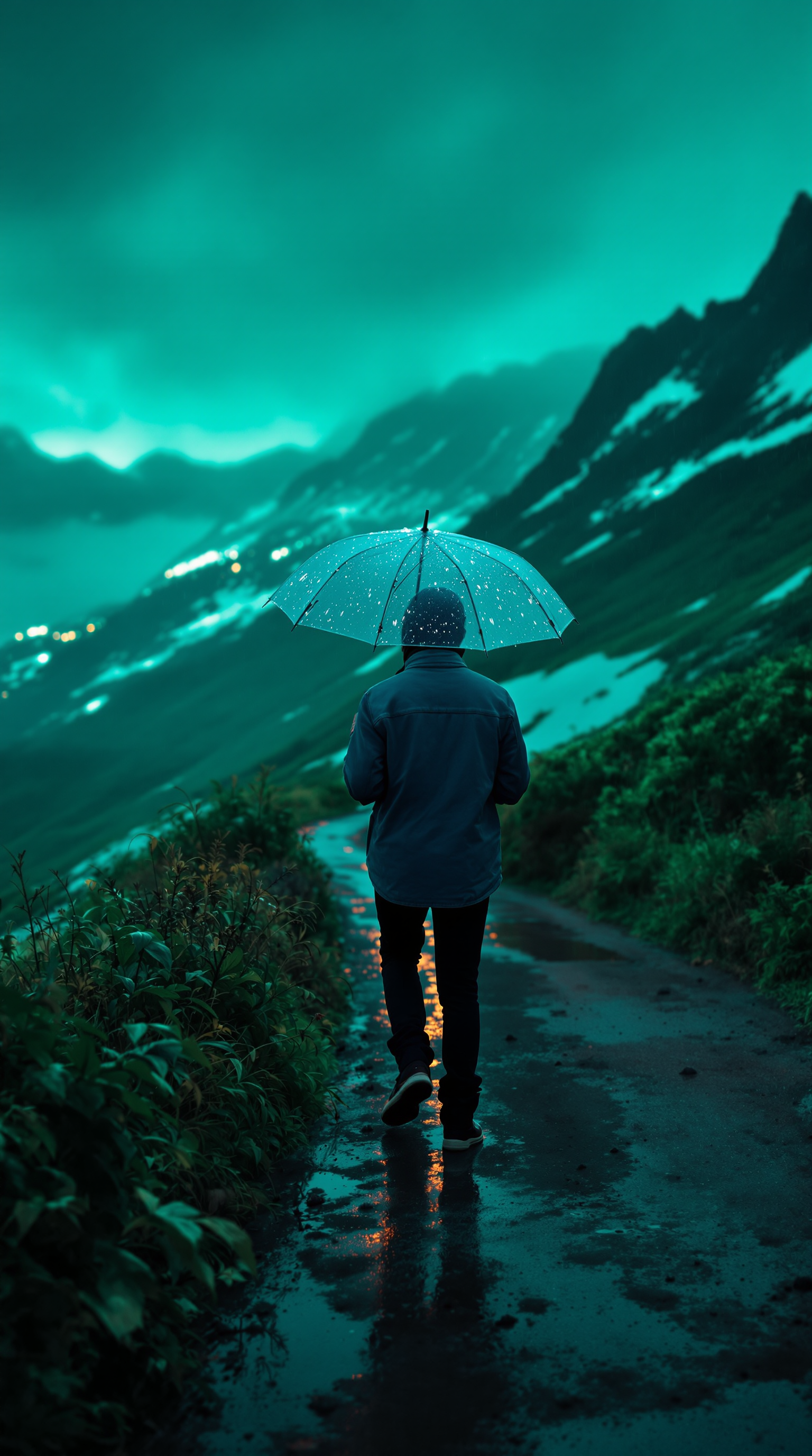 Rainy Mountain Path at Night with Umbrella, rain, umbrella, mountain, path, night, teal