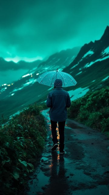 Rainy Mountain Path at Night with Umbrella