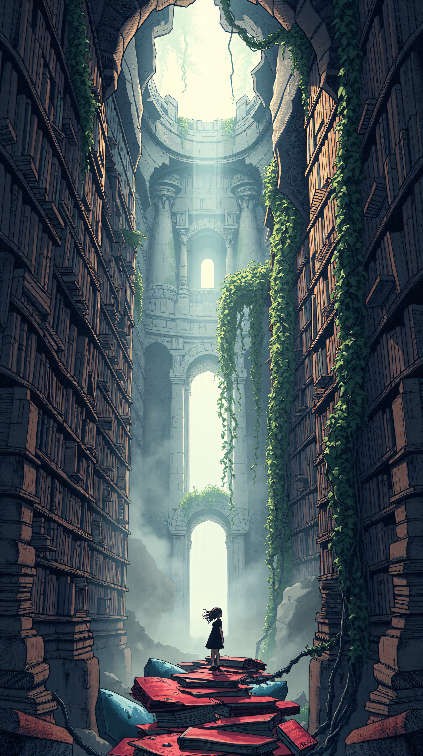 Enchanted Library Ruins Anime Aesthetic Wallpaper, fantasy library, anime girl, abandoned ruins, ethereal light, mystical, nature overgrown