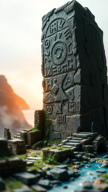 Ancient Stone Monument & Stream at Sunset Fantasy