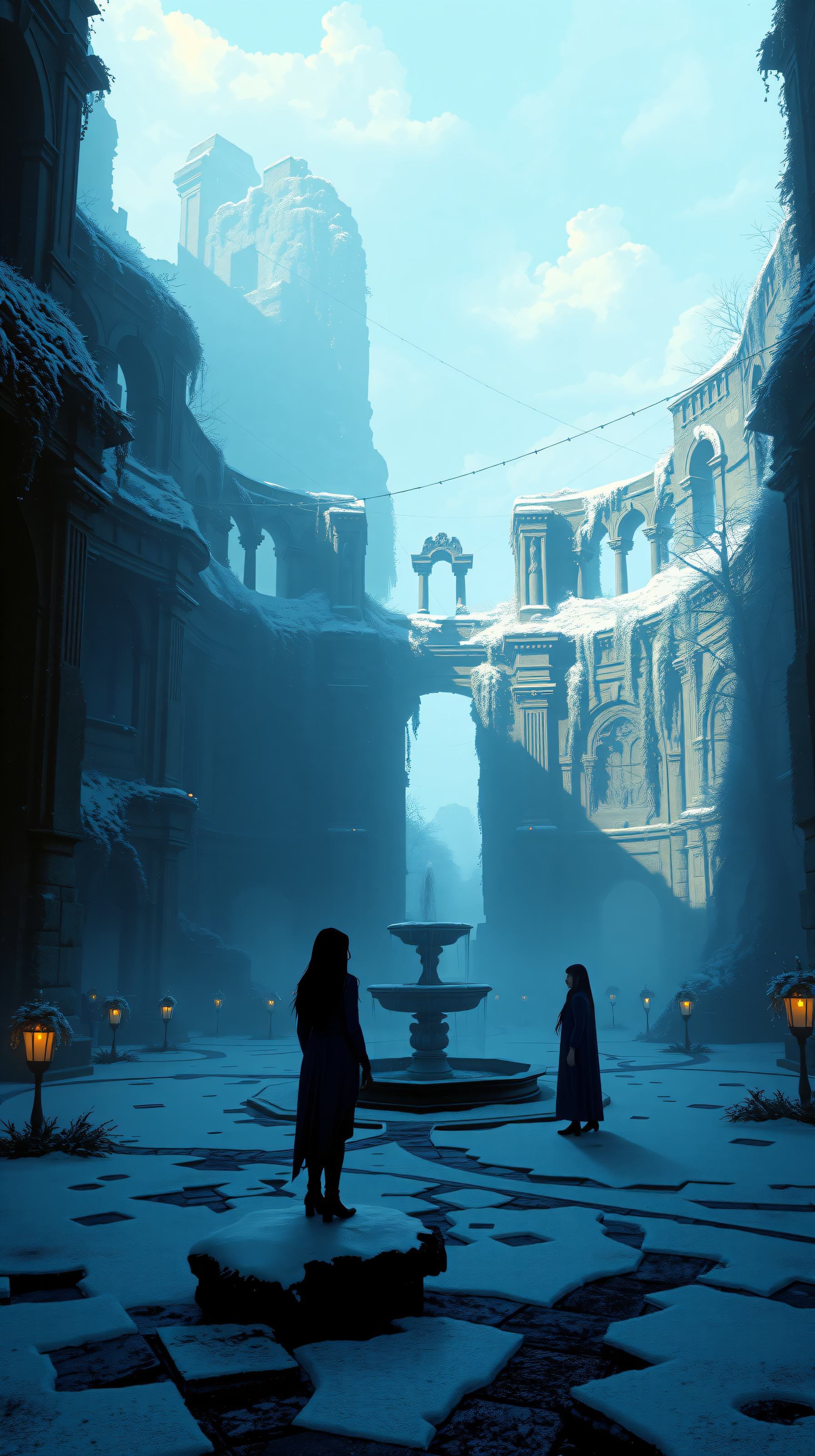 Mysterious Winter Ruins Courtyard Fantasy, winter, snow, ruins, fantasy, gothic architecture, dark academia