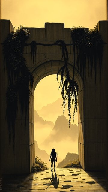 Golden Archway Silhouette, Misty Mountain View