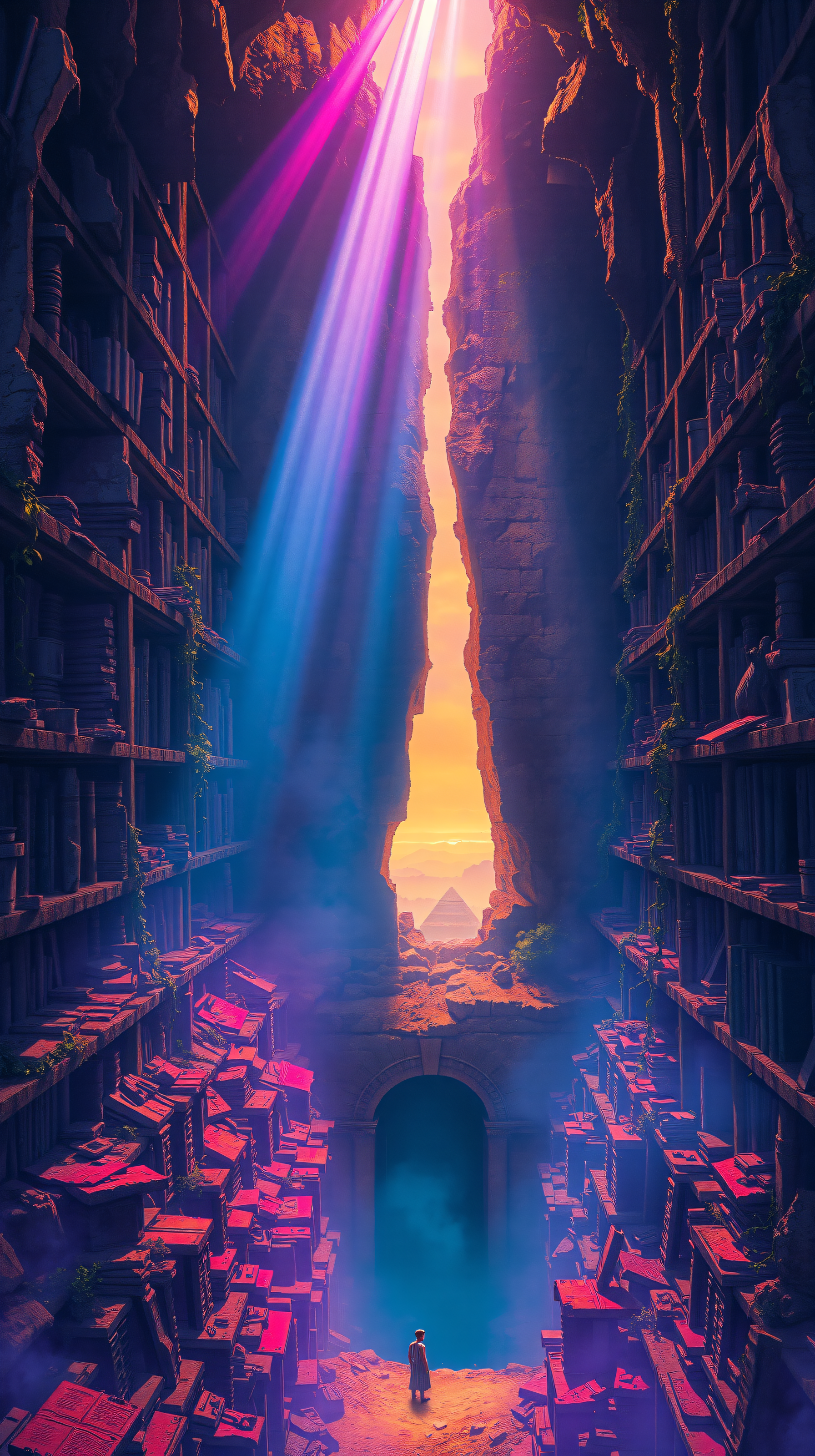 Ancient Library Ruins with Mystic Light & Desert Pyramid, ancient library, mystic light, fantasy, adventure, pyramid, ruined temple