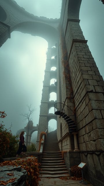 Misty Ancient Ruins Walk with Autumn Leaves