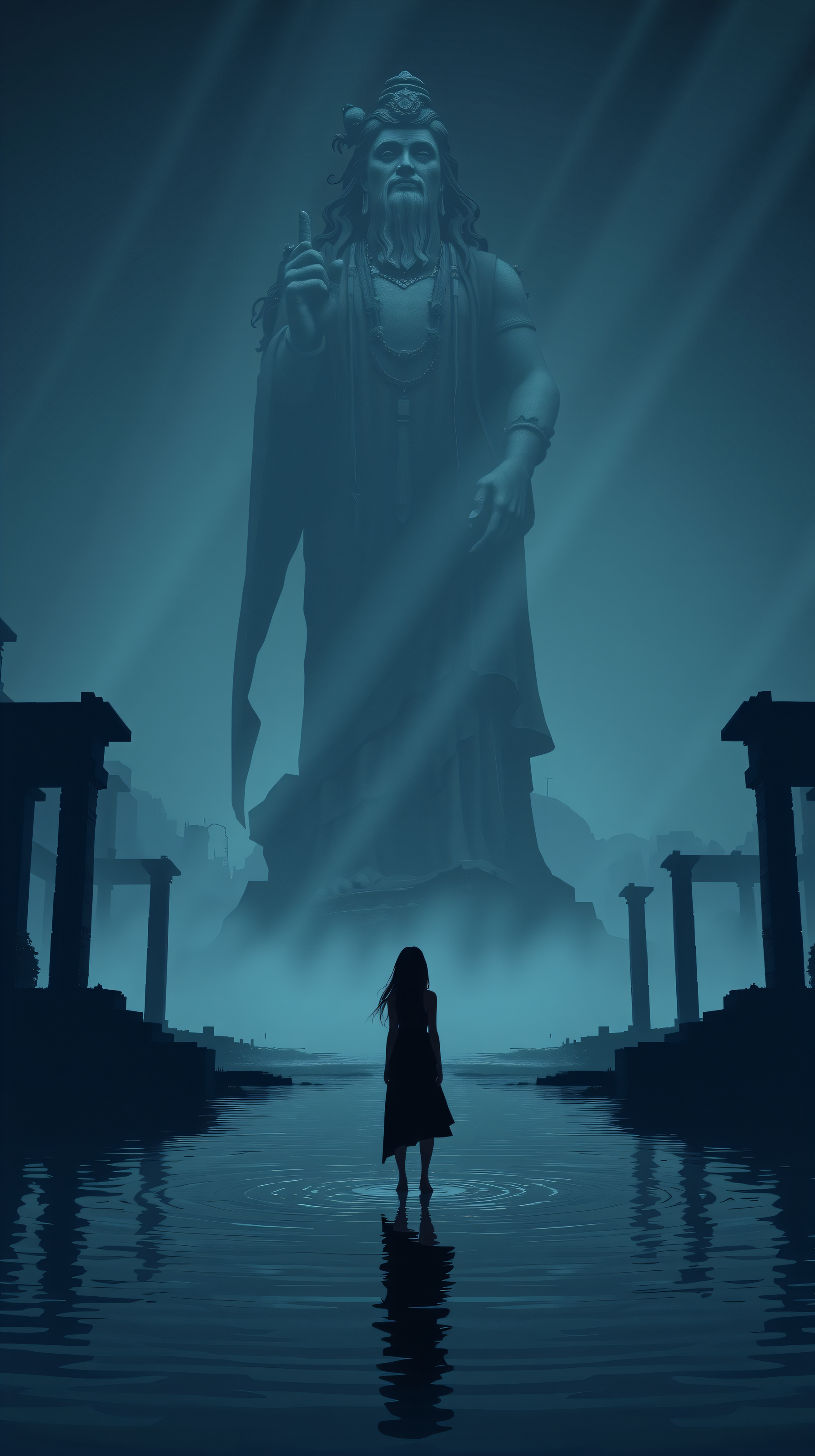 Mystical Giant Statue & Lone Figure in Teal Water, fantasy, mystical, deity, statue, ruins, dark teal
