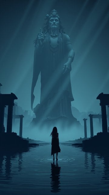 Mystical Giant Statue & Lone Figure in Teal Water