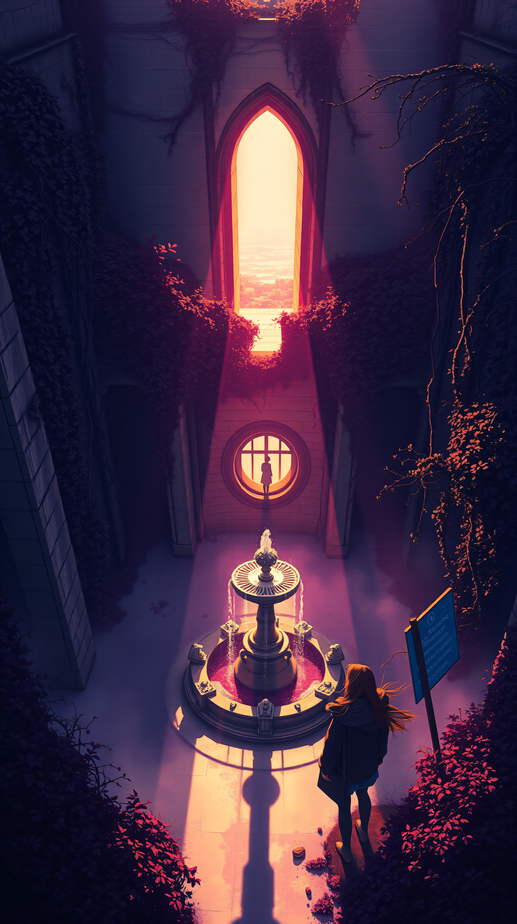 Gothic Ruin Fountain, Glowing Archway Sunset, gothic, ruin, fountain, archway, glowing light, fantasy