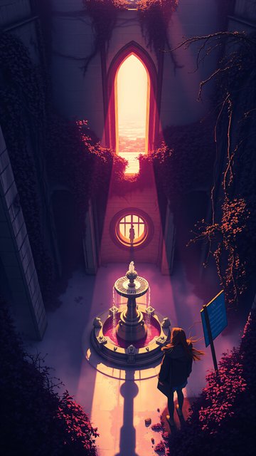 Gothic Ruin Fountain, Glowing Archway Sunset
