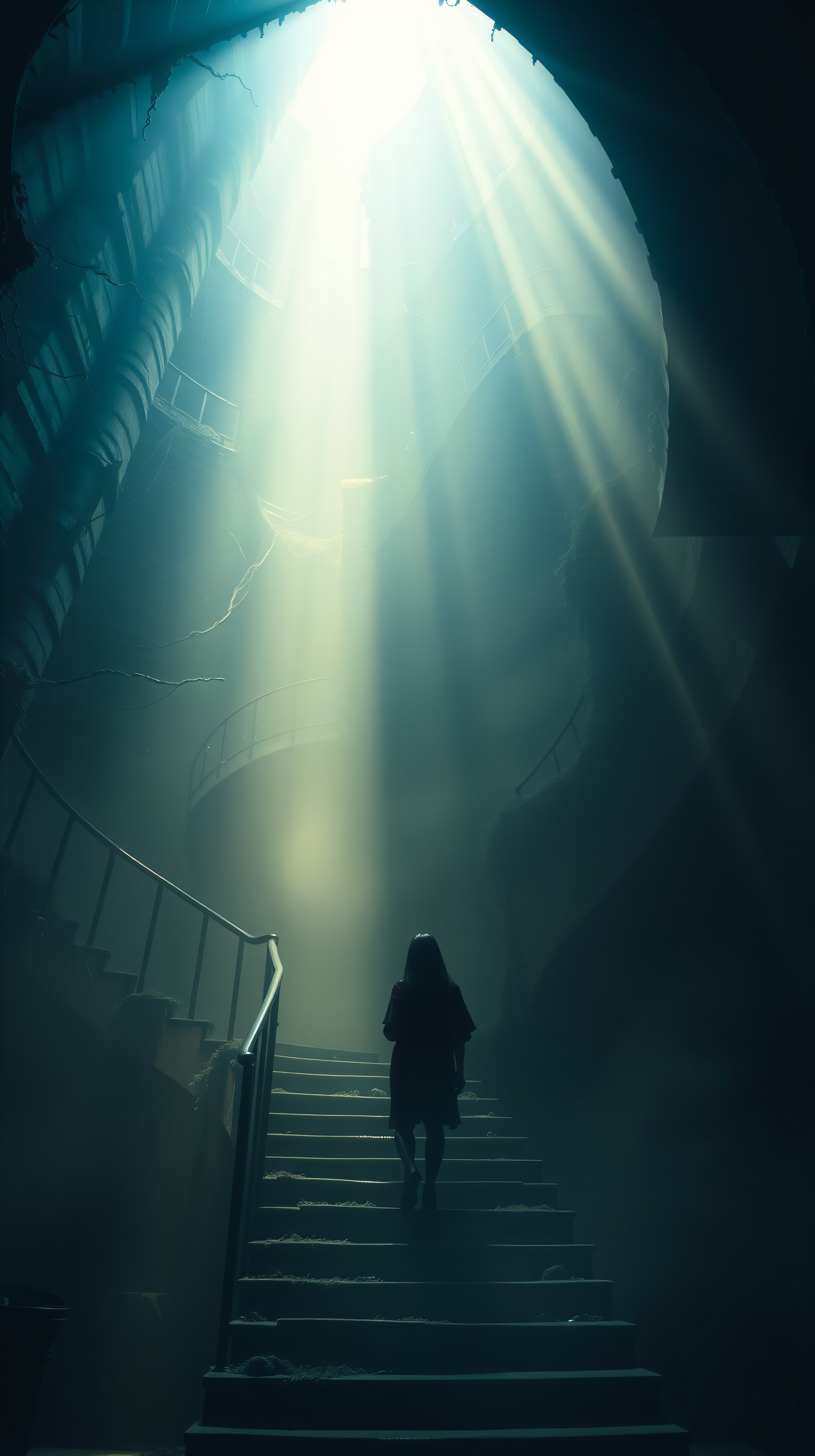 Mysterious Light Well Staircase Ascent Wallpaper, mysterious, staircase, light rays, spiral stairs, adventure, hope