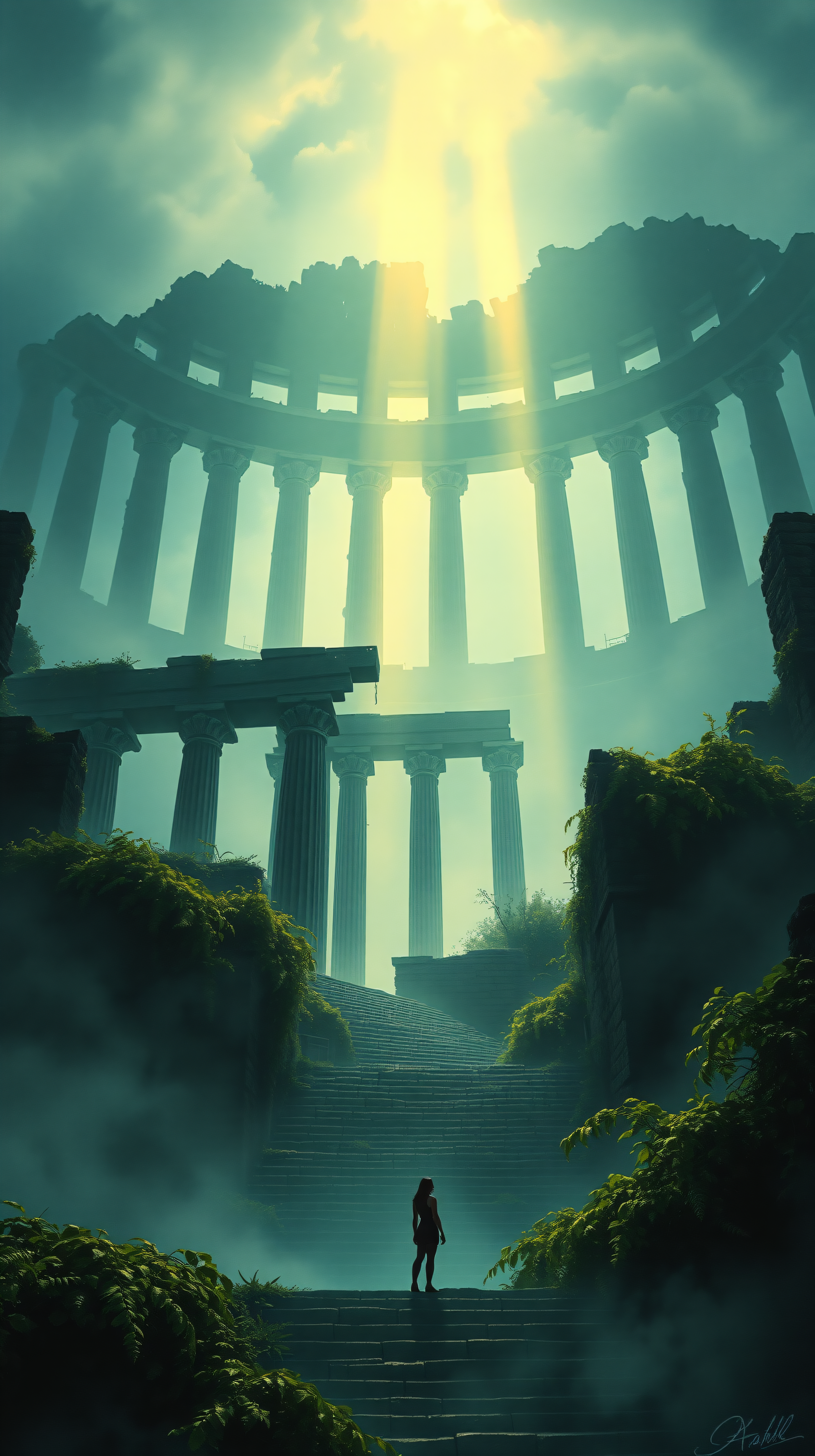 Ethereal Light on Ancient Temple Ruins, ancient ruins, fantasy, ethereal, light rays, temple, overgrown