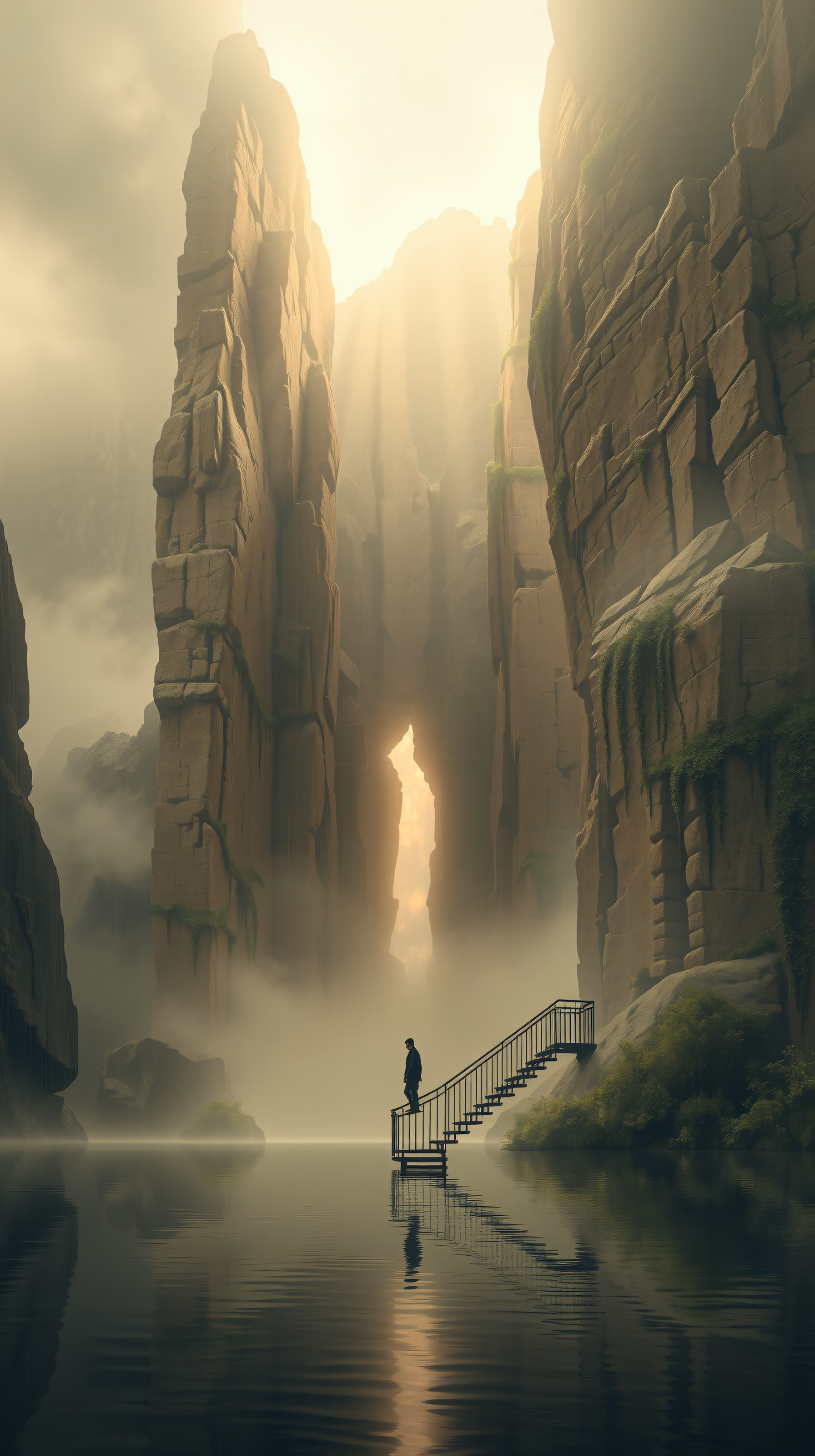 Misty Canyon Lake Portal of Light, canyon, lake, misty, golden light, fantasy, serene