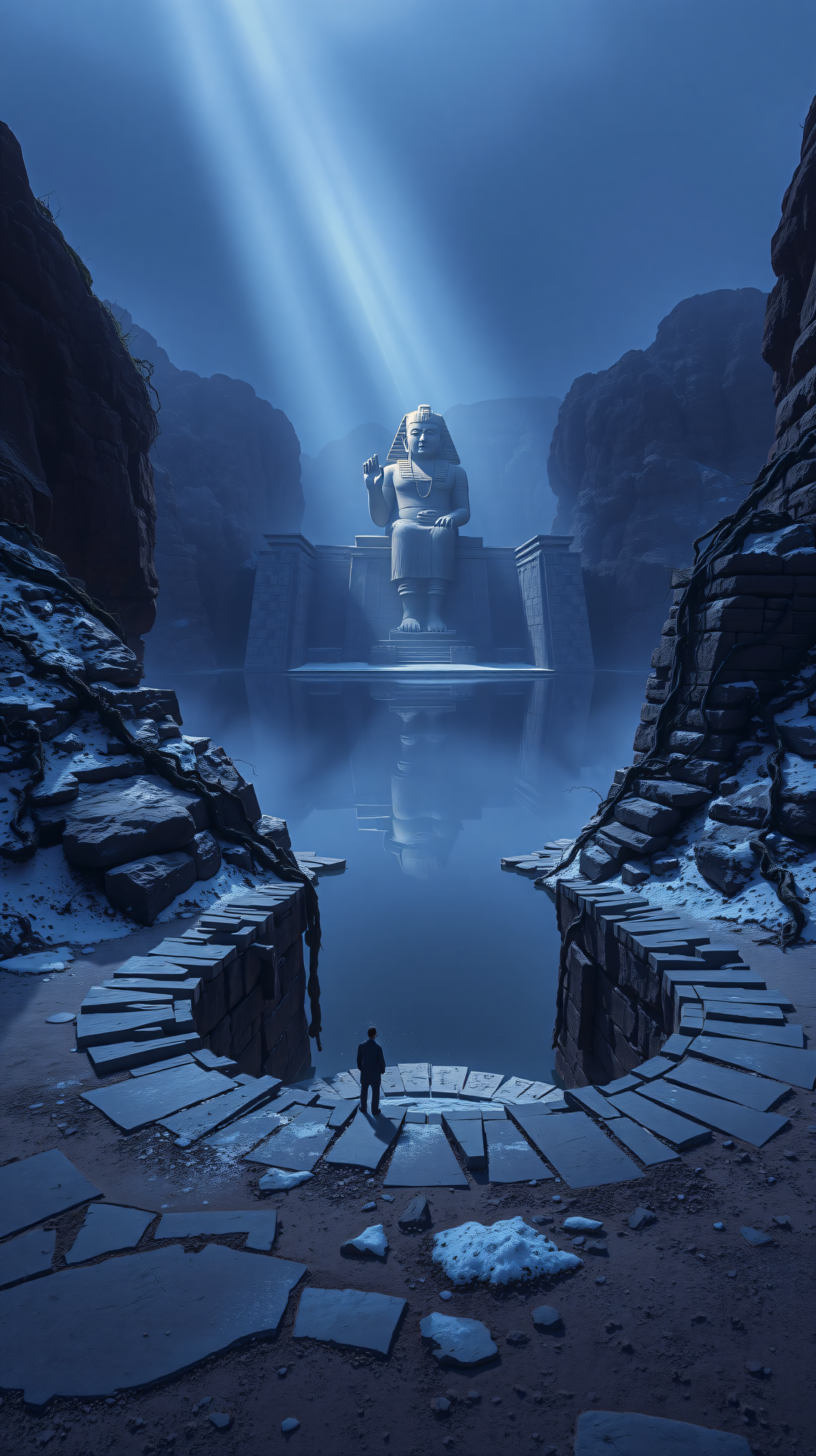 Mystic Ancient Statue in Misty Blue Canyon, Ethereal Light, ancient statue, pharaoh, mystic temple, blue aesthetic, fantasy art, canyon