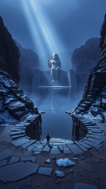 Mystic Ancient Statue in Misty Blue Canyon, Ethereal Light