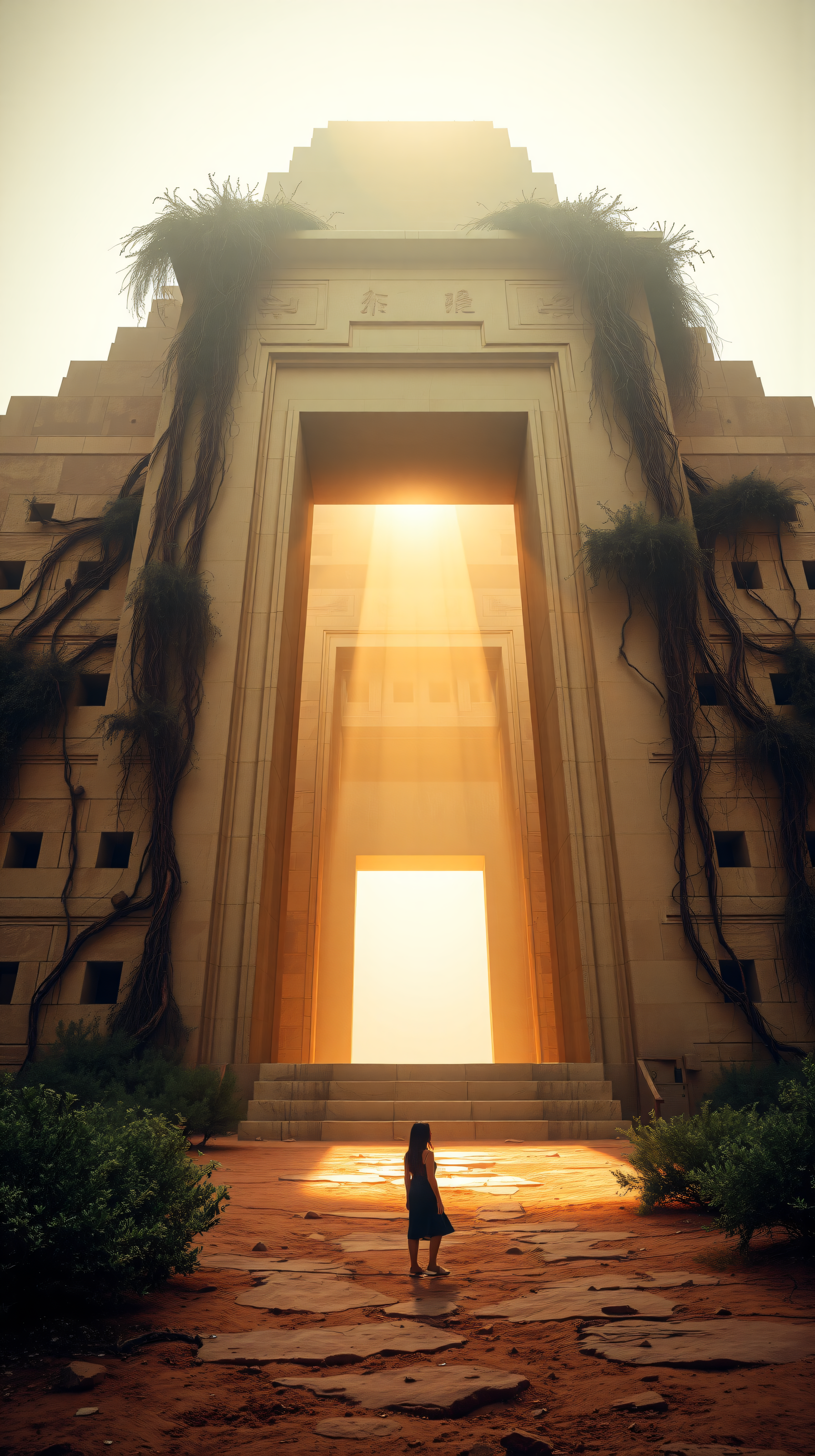 Ancient Temple Gateway with Ethereal Golden Light, ancient, temple, gateway, golden light, fantasy, mystery