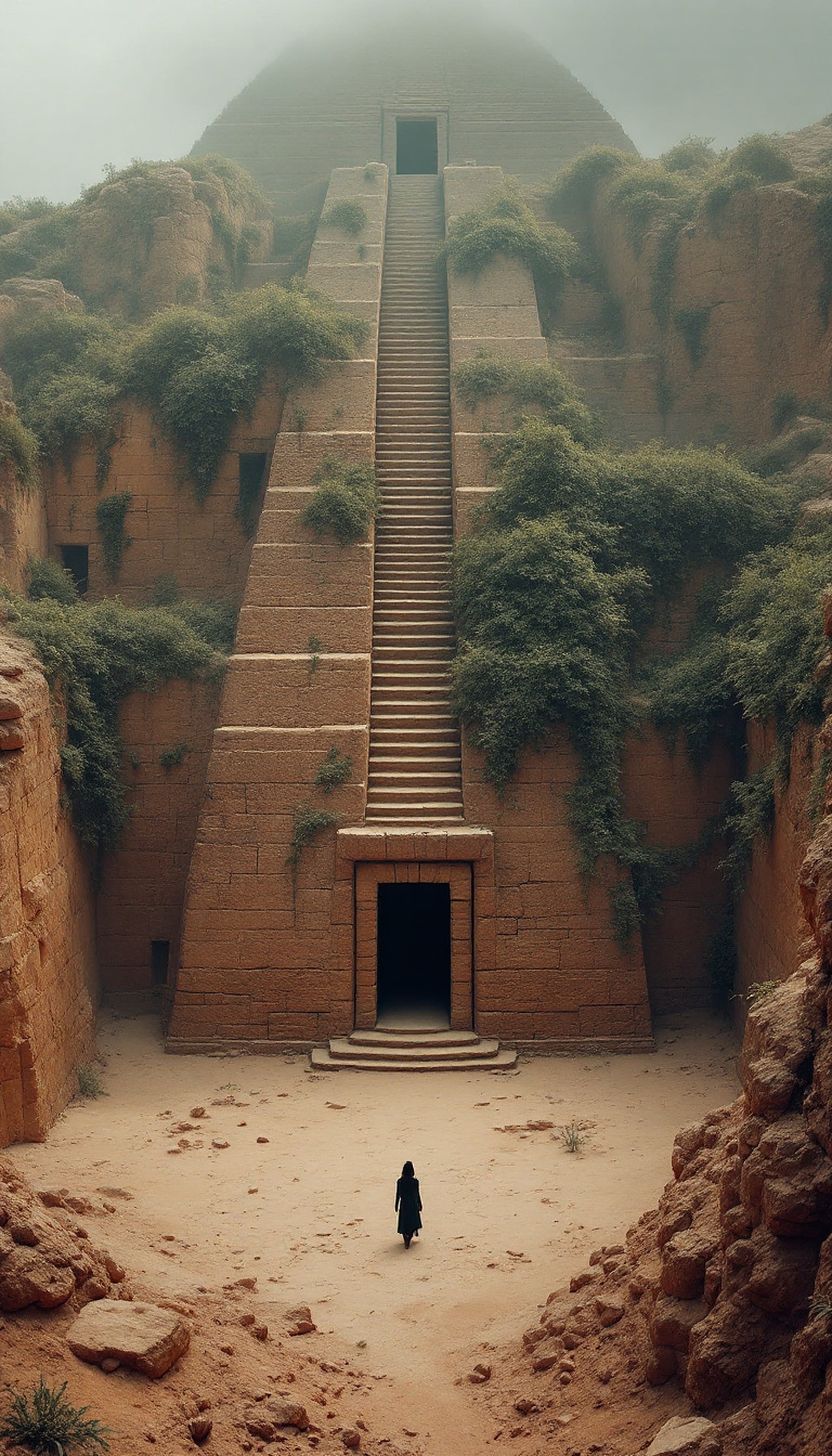 Ancient Pyramid Entrance with Mysterious Figure, ancient pyramid, mysterious figure, desert ruins, fantasy landscape, misty, historical wallpaper