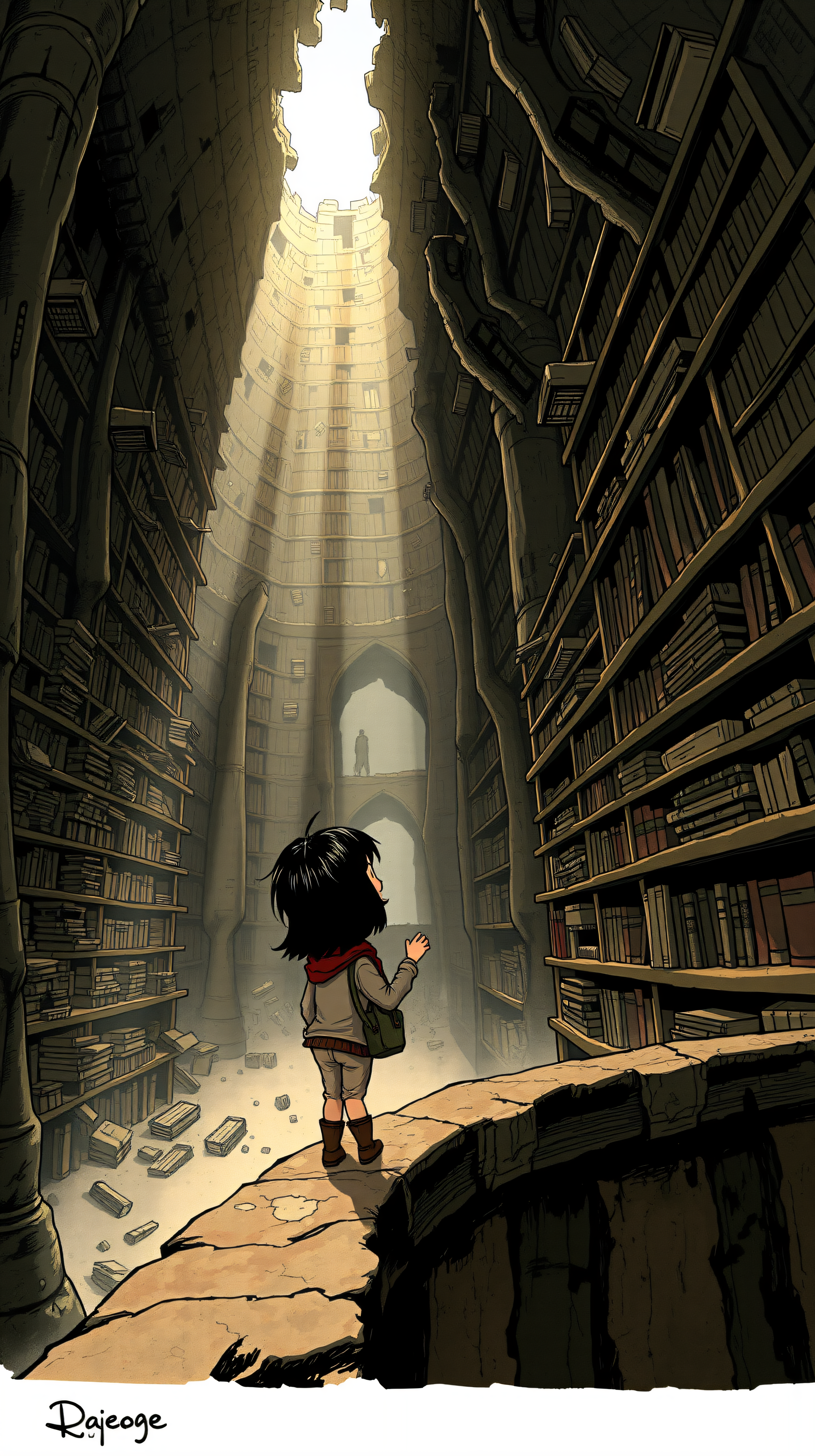 Chibi Explorer in Ancient Library Tower, anime wallpaper, chibi explorer, fantasy library, ancient ruins, adventure art, mysterious tower