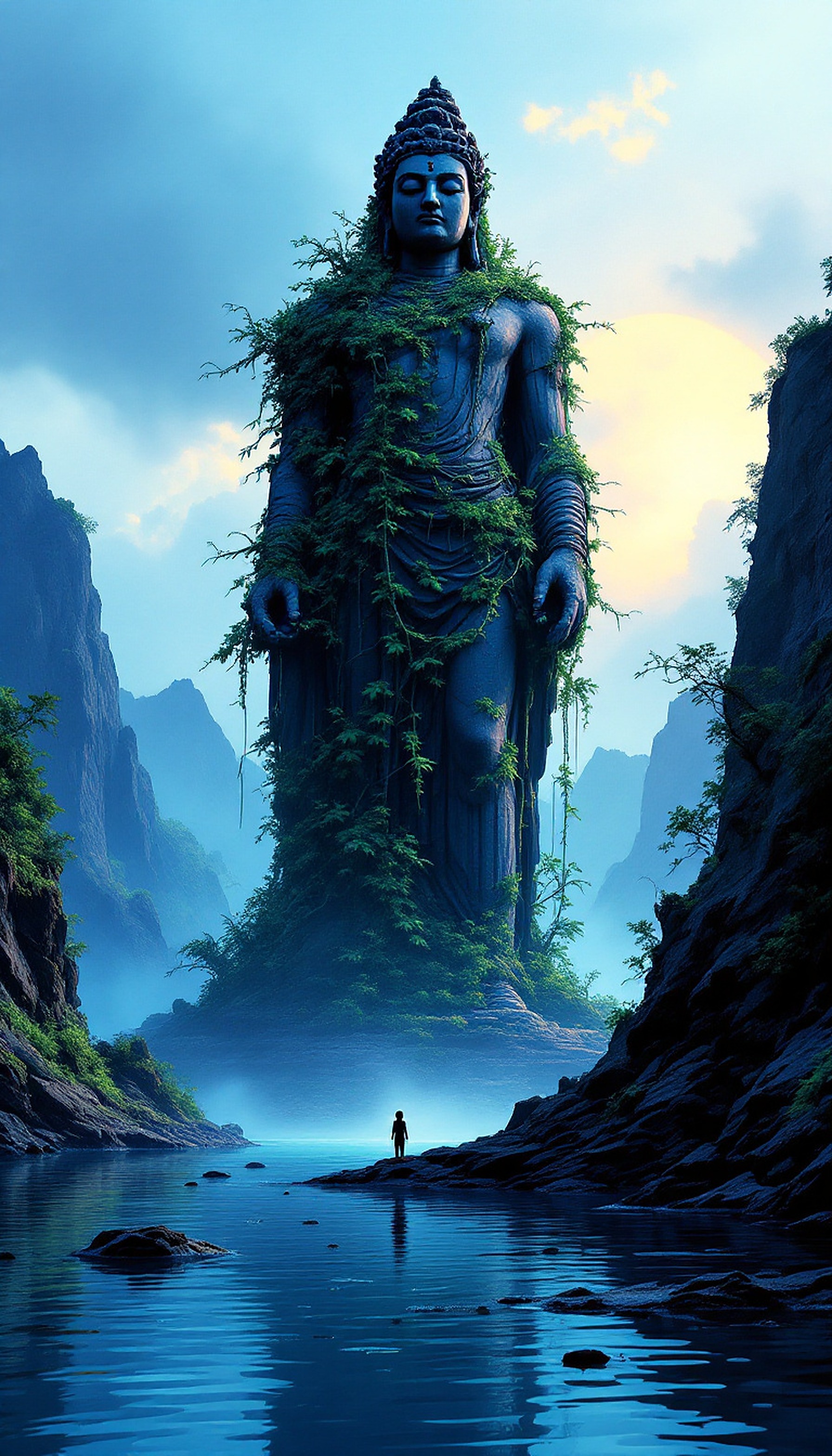 Ancient Buddha Statue in Mystical Valley Lake, buddha statue, mystical valley, tranquil lake, nature wallpaper, spiritual art, ancient ruins