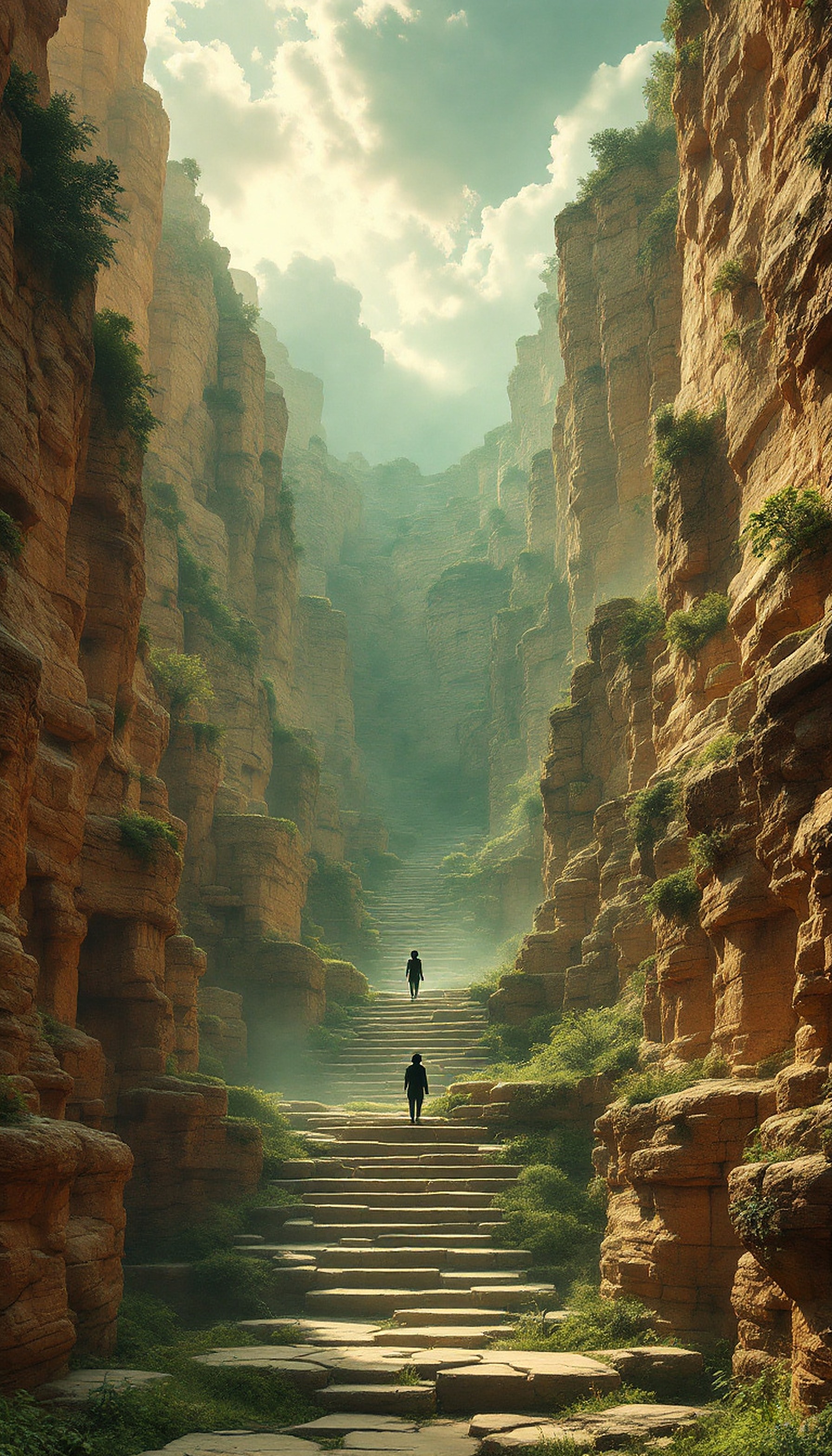 Ancient Canyon Stairs with Figures in Mist, canyon, stairs, ancient, misty, nature, adventure