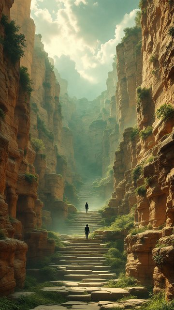 Ancient Canyon Stairs with Figures in Mist