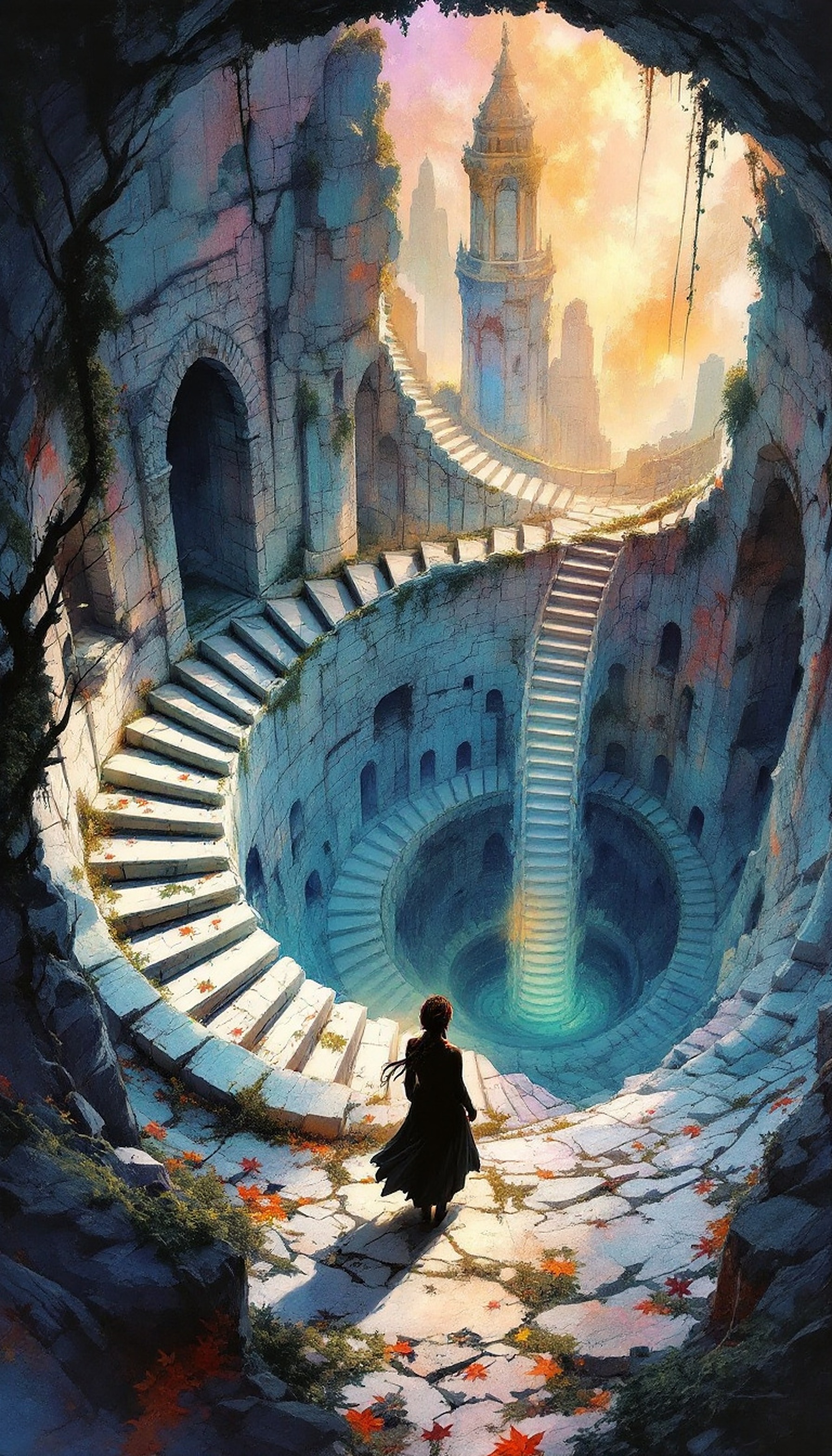 Fantasy Ruins Spiral Staircase Journey Wallpaper, fantasy, ruins, spiral staircase, ancient architecture, adventure, mystical