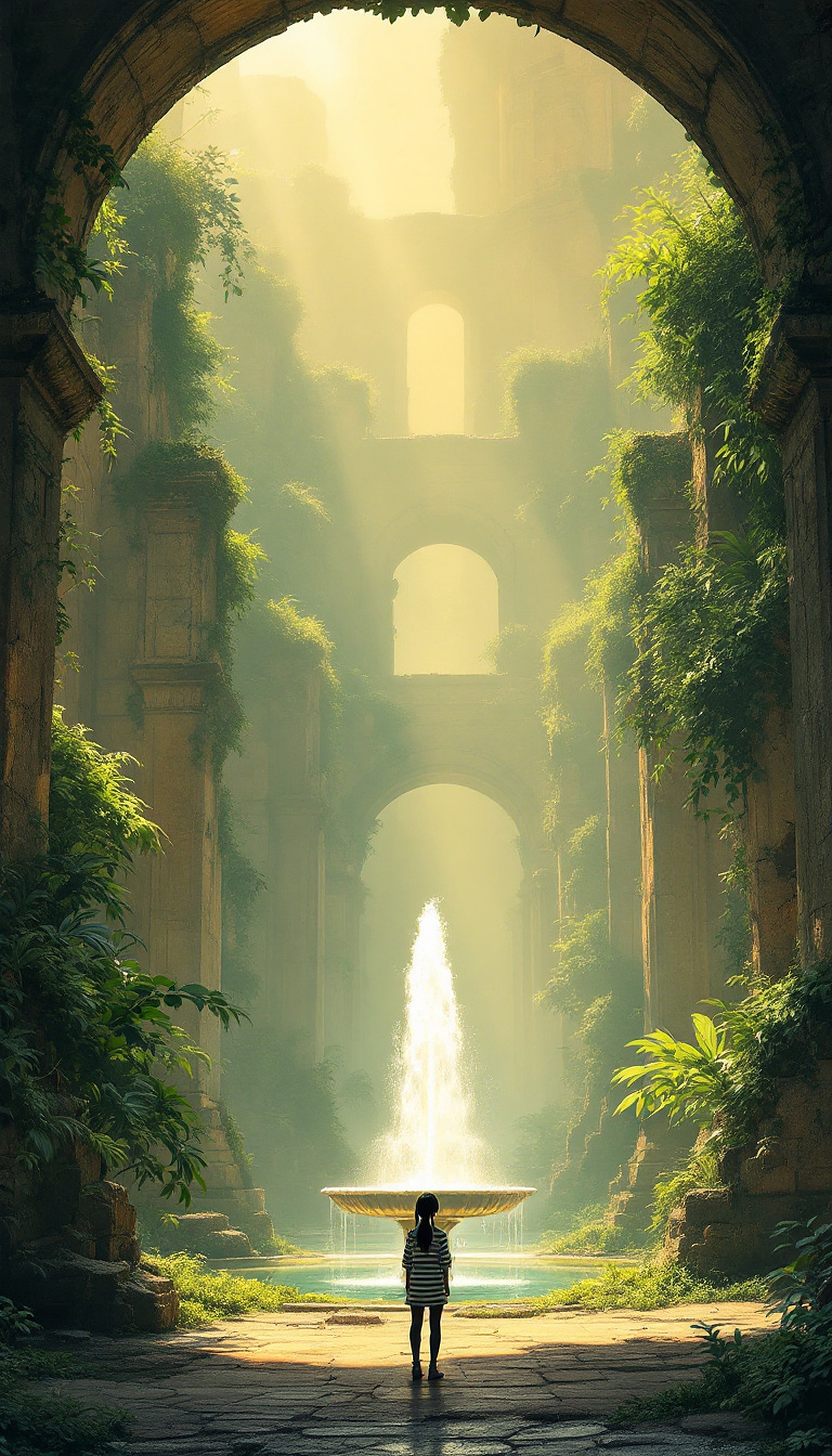 Enchanted Ruins Fountain with Girl Wallpaper, enchanted ruins, fantasy wallpaper, overgrown architecture, fountain, glowing light, mystical