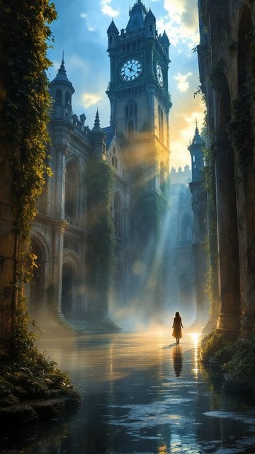 Misty Ruined Clock Tower Path at Sunset