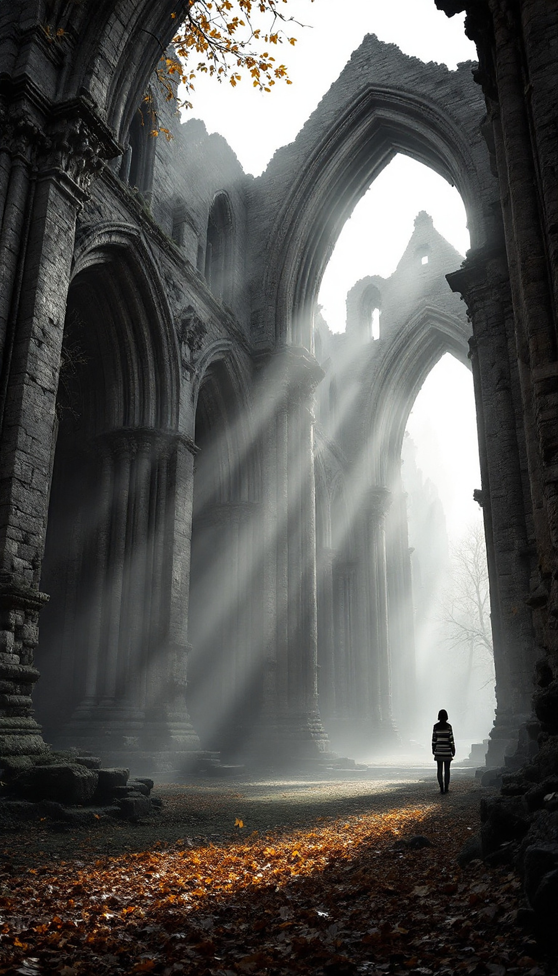 Misty Ancient Ruins with Sunbeams and Lone Figure, ancient ruins, gothic architecture, sunbeams, misty, autumn leaves, dark aesthetic