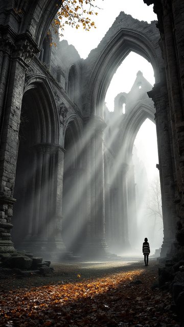 Misty Ancient Ruins with Sunbeams and Lone Figure