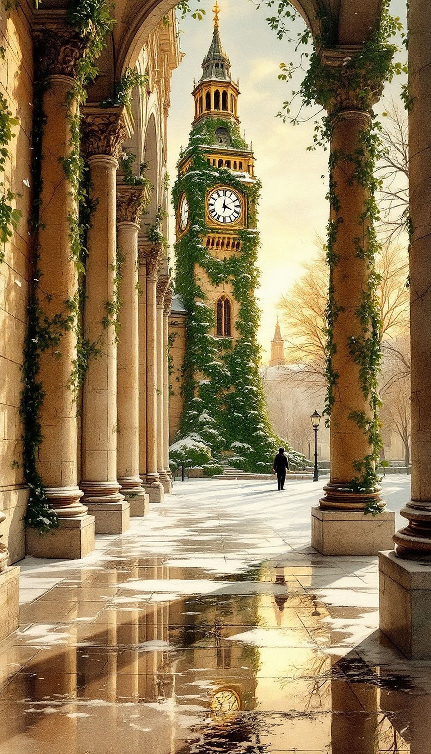 Winter Palace Clock Tower with Ivy & Snow, winter palace, clock tower, ivy, snow, architecture, classical columns
