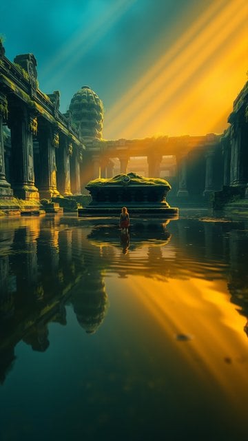 Ancient Temple Ruin at Sunset Reflection Wallpaper