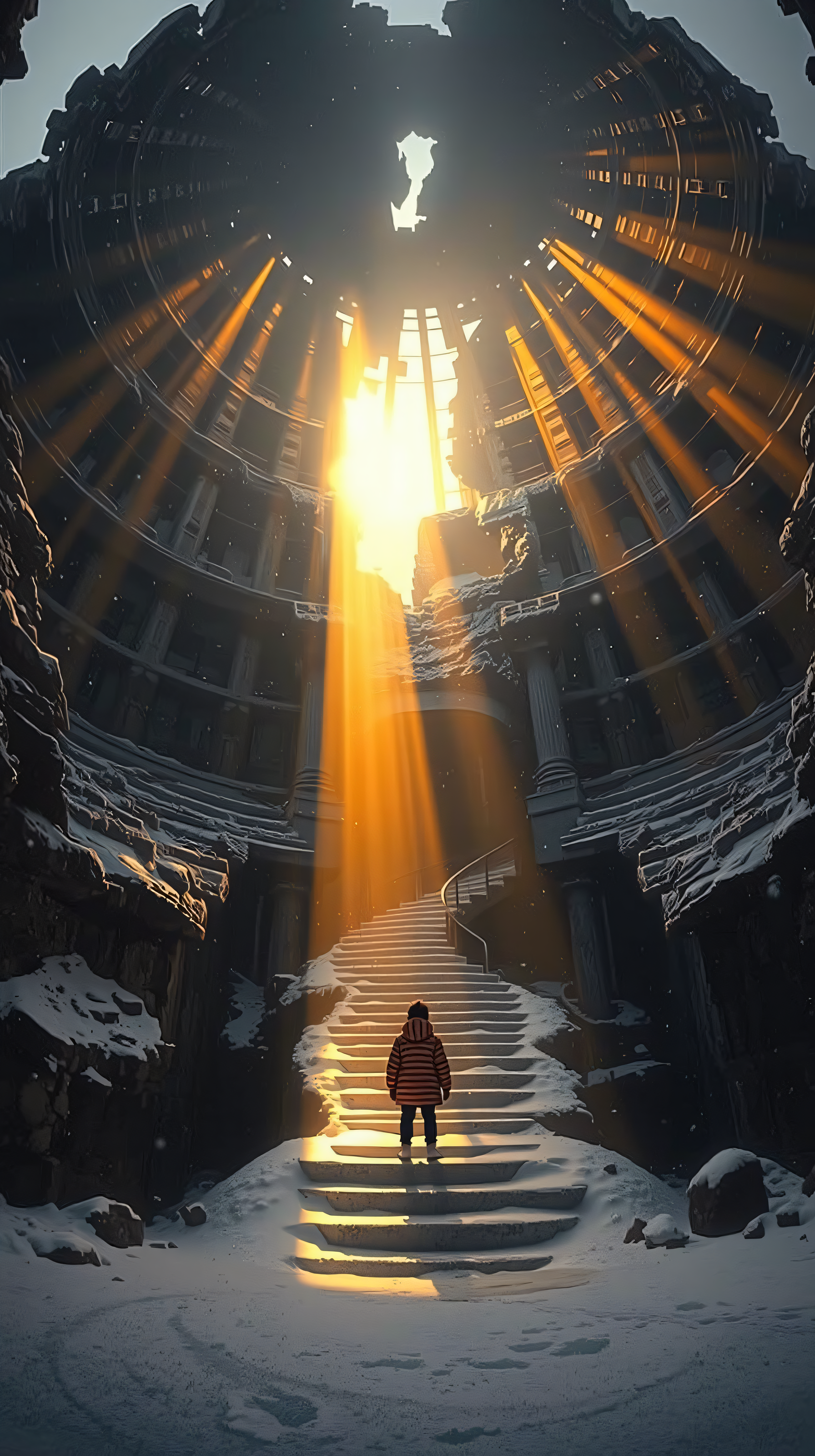 Sunlit Ruins Stairway: Winter Adventure Wallpaper, ruins, ancient, staircase, winter, snow, sunlight