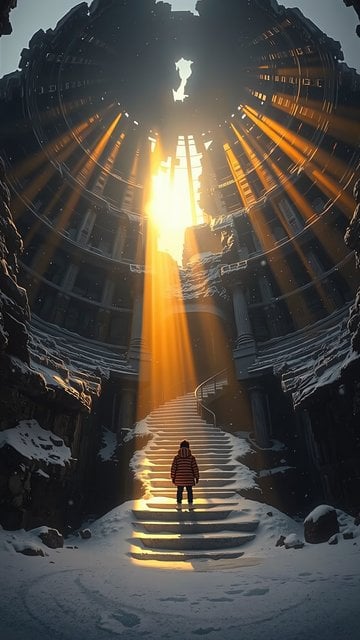 Sunlit Ruins Stairway: Winter Adventure Wallpaper