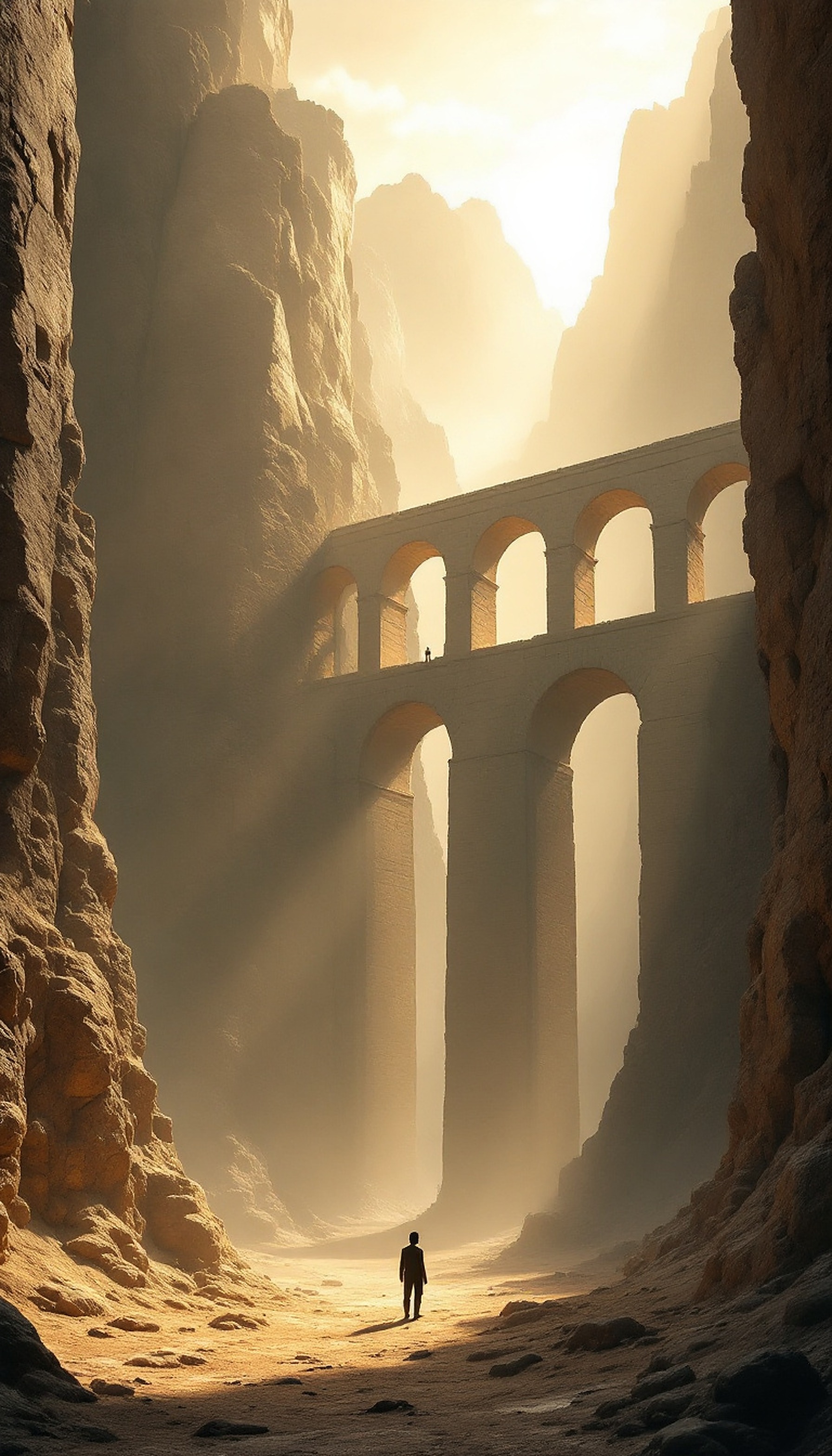 Sunlit Canyon Bridge with Lone Figure, canyon, bridge, desert, sunlight, light rays, architecture