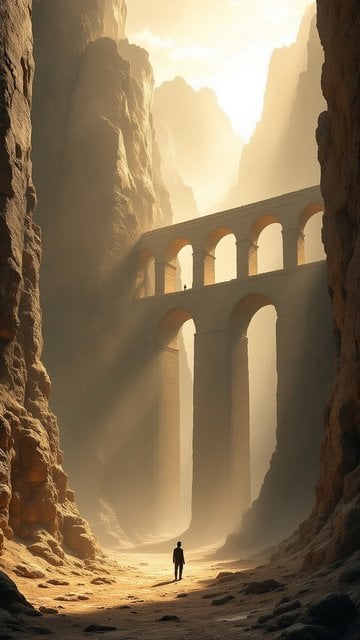 Sunlit Canyon Bridge with Lone Figure
