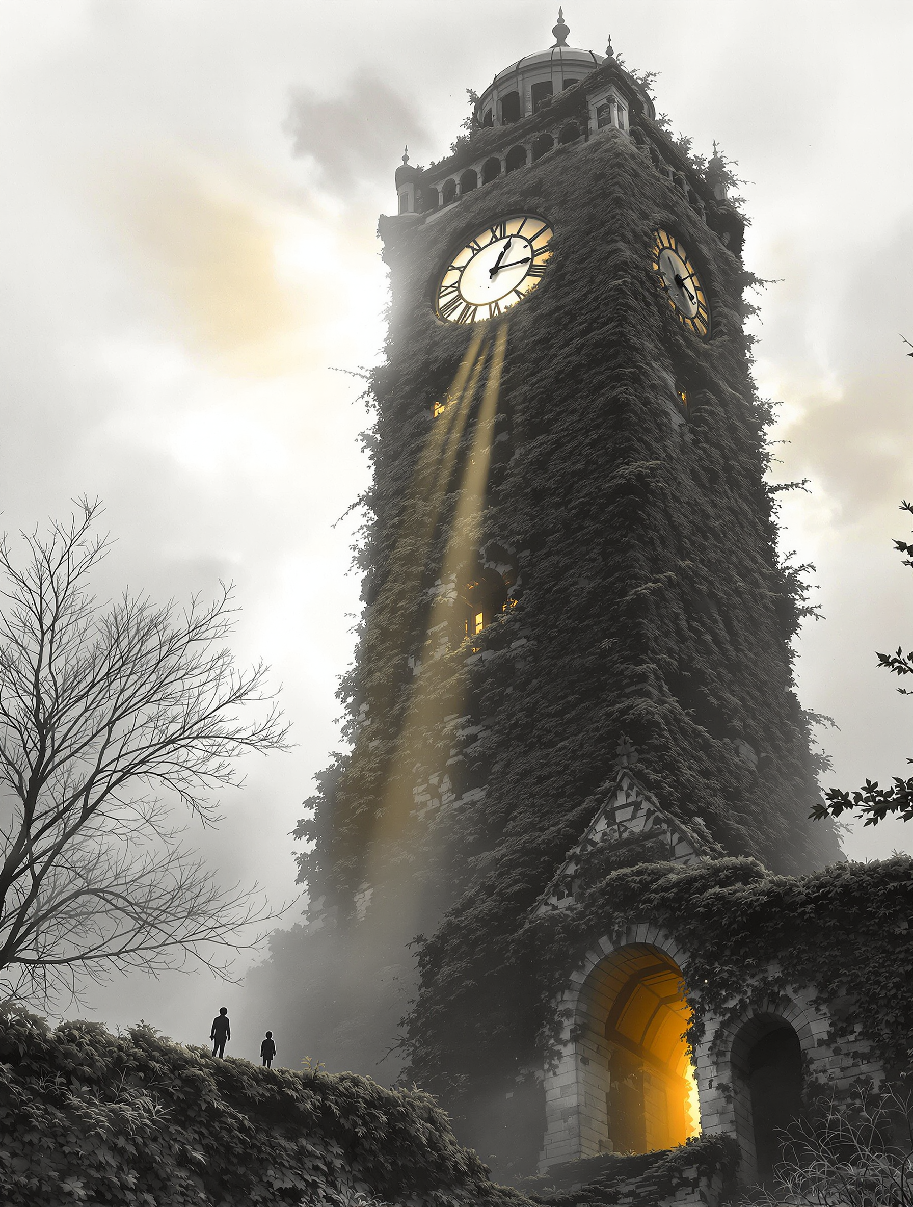 Mysterious Overgrown Clock Tower with Golden Glow, clock tower, gothic, mystery, overgrown, ivy, fantasy