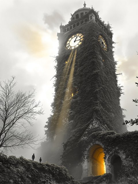 Mysterious Overgrown Clock Tower with Golden Glow