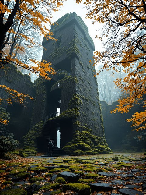 Ancient Mossy Ruins in Autumn Forest Fog