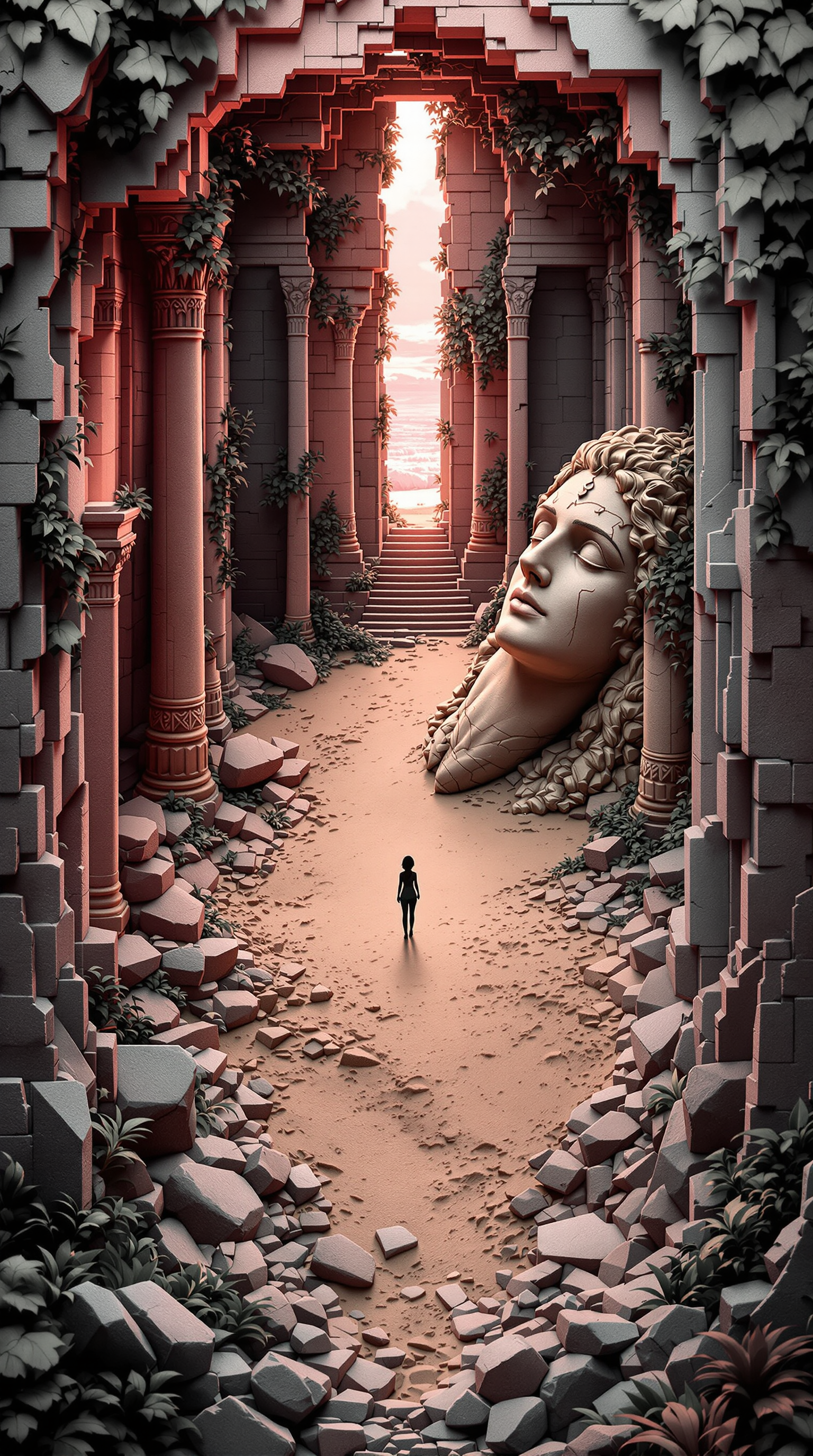 Ancient Ruins with Fallen Statue and Light, ancient ruins, fallen statue, gothic architecture, surreal, fantasy, desert path