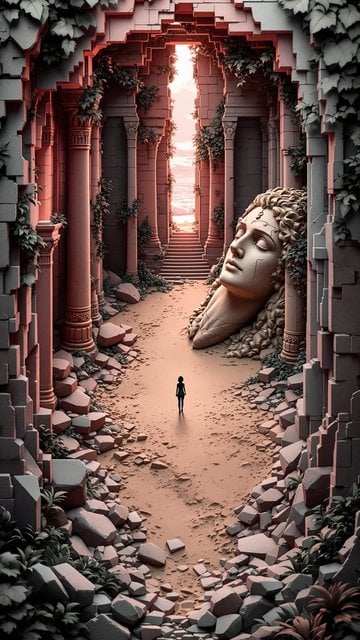 Ancient Ruins with Fallen Statue and Light
