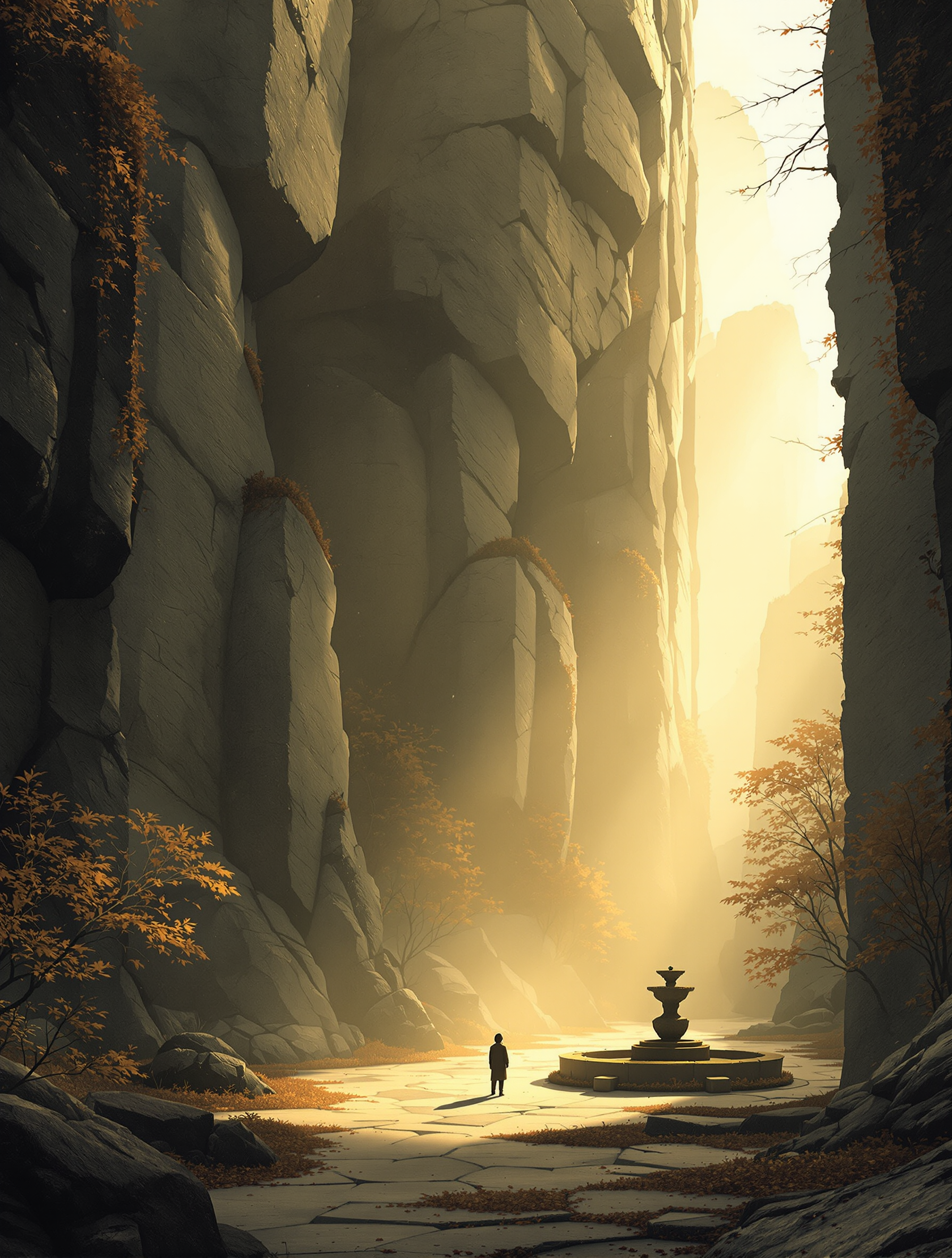 Mountain Canyon Valley with Golden Light & Fountain, mountain canyon, golden light, fountain, solitude, autumn leaves, atmospheric