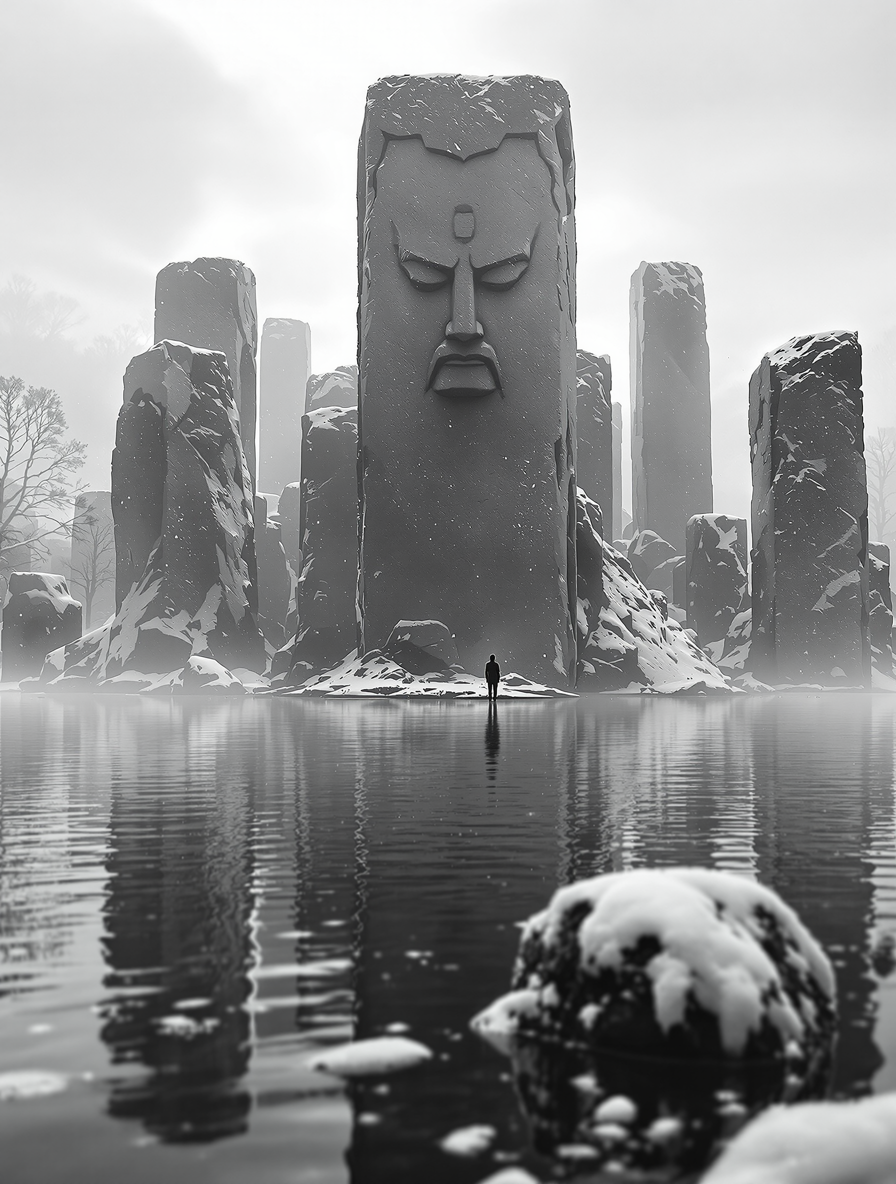 Winter Monoliths: A Lone Figure by Icy Waters, monolith, winter, snow, statue, figure, grayscale
