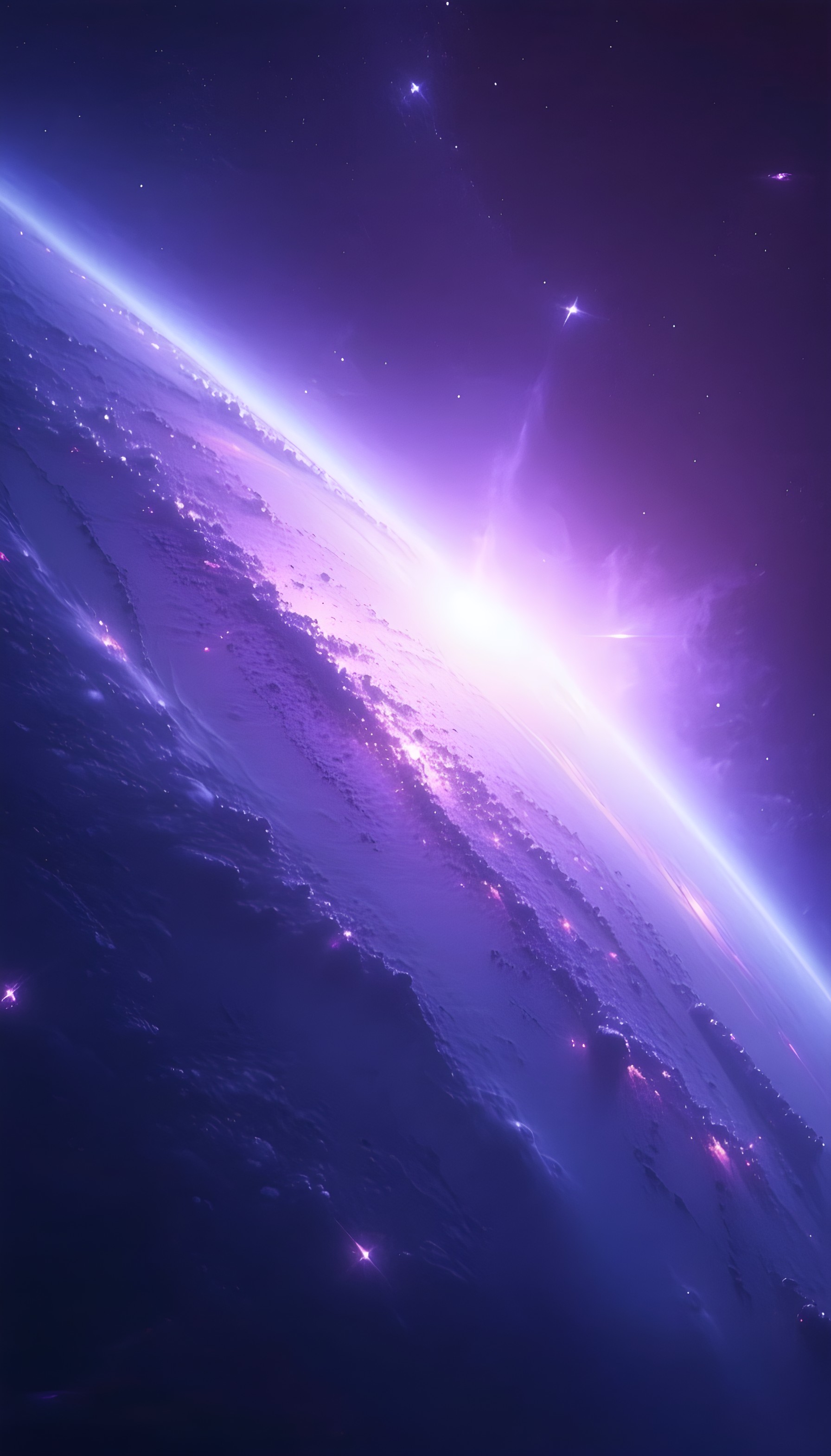 Vibrant Purple Earth Glow: Cosmic Sunrise from Space, earth from space, purple glow, cosmic sunrise, sci-fi wallpaper, vibrant planet, aesthetic background