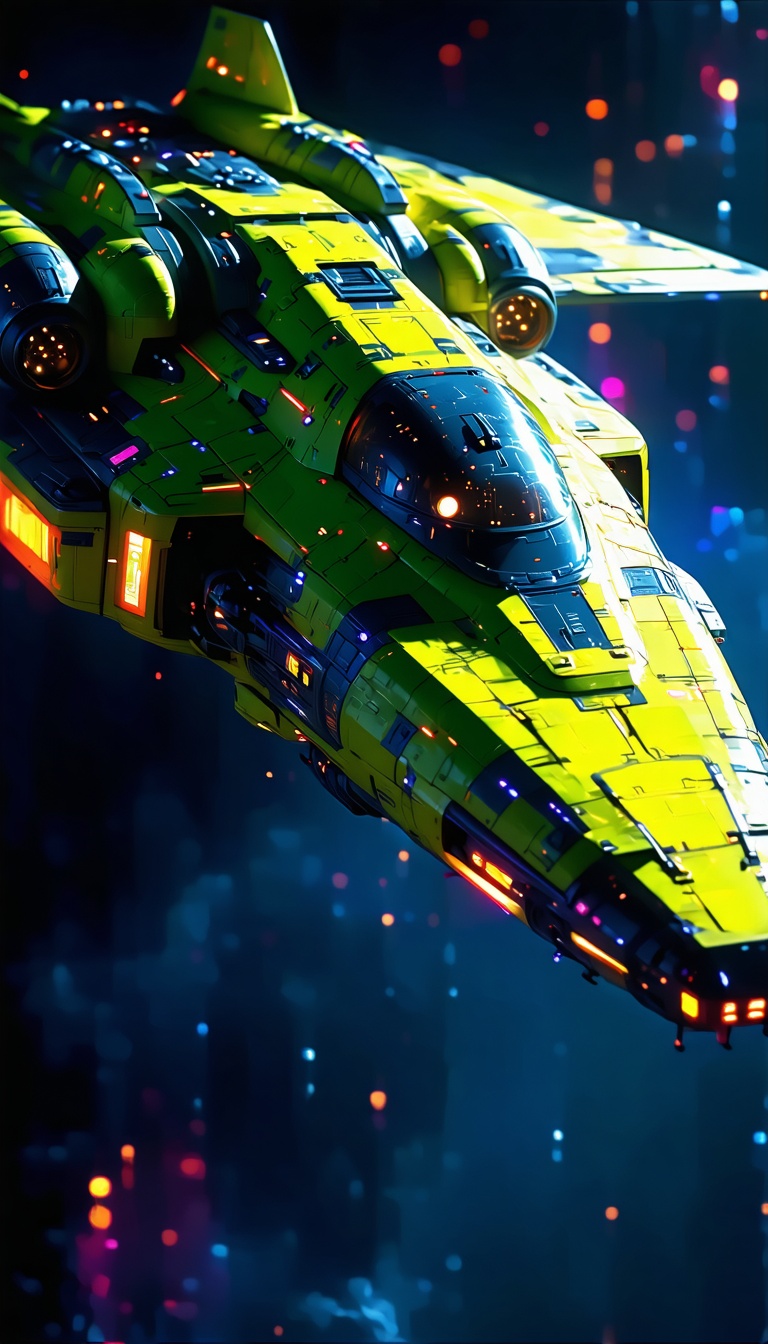 우주선 디자인: 밝은 노란색 전투기, 우주선, 전투기, SF, 디자인, 3D렌더링, Spaceship