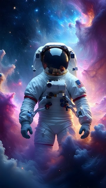 Astronaut Amidst Vibrant Cosmic Nebula