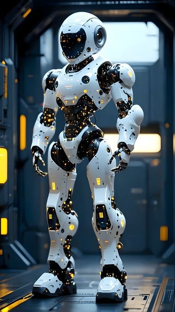 Sleek White Sci-Fi Robot in Futuristic Hallway