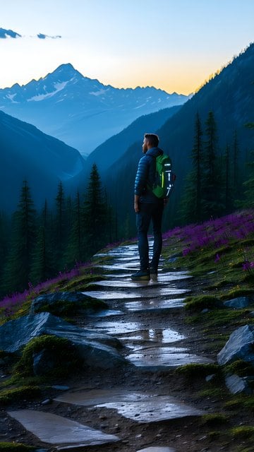 Hiker's Dawn View: Majestic Mountain Valley Path
