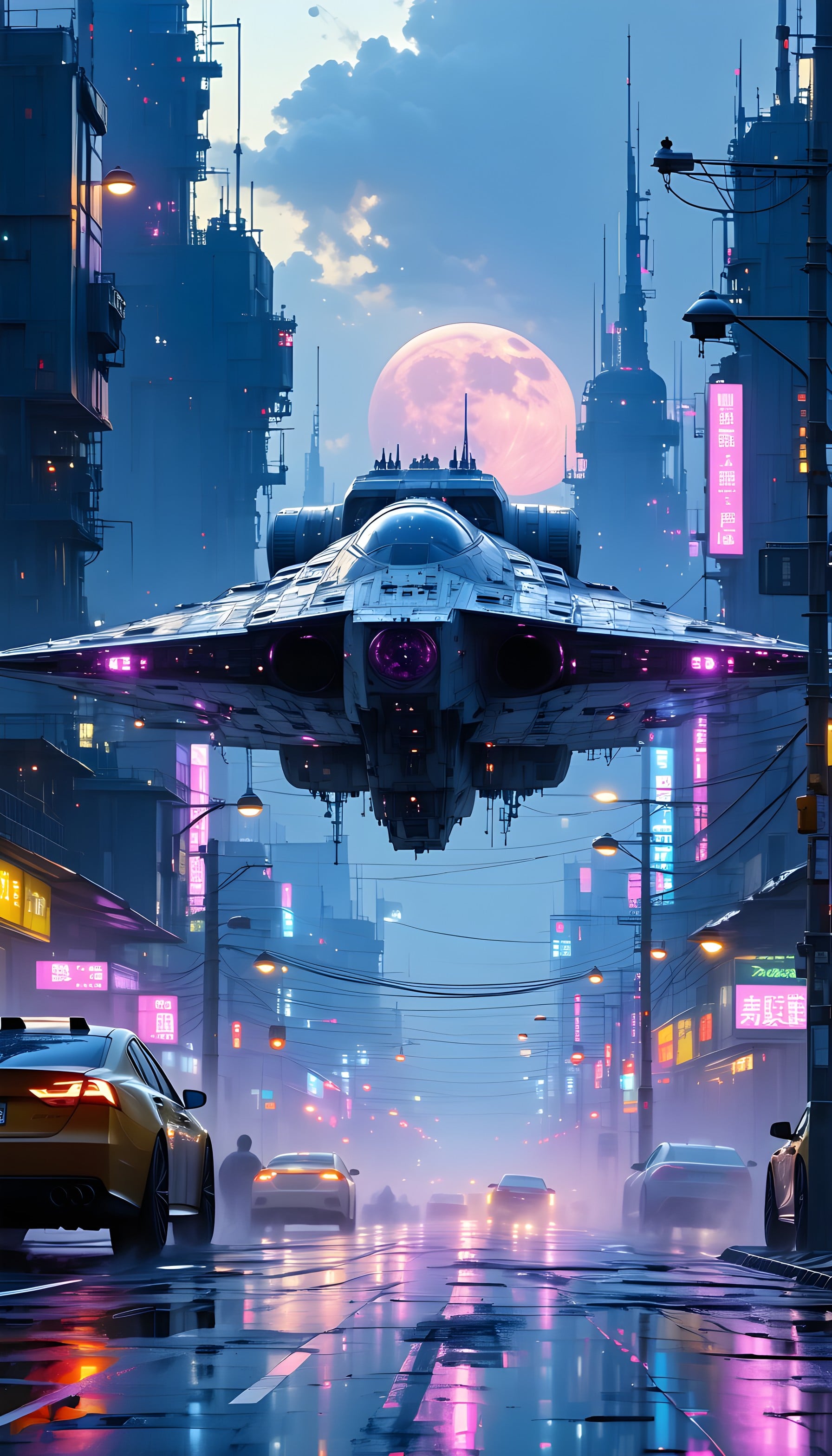 Sci-Fi Cityscape Spaceship Pink Moon Neon Rain, spaceship, futuristic cityscape, cyberpunk, neon lights, pink moon, rainy night