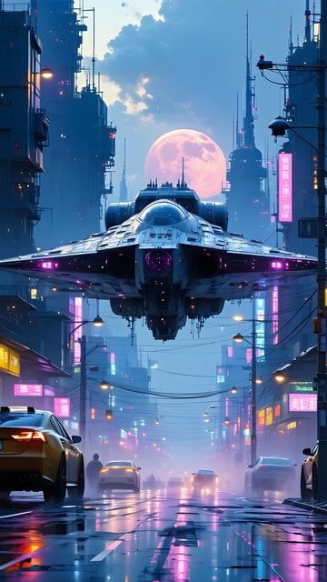 Sci-Fi Cityscape Spaceship Pink Moon Neon Rain