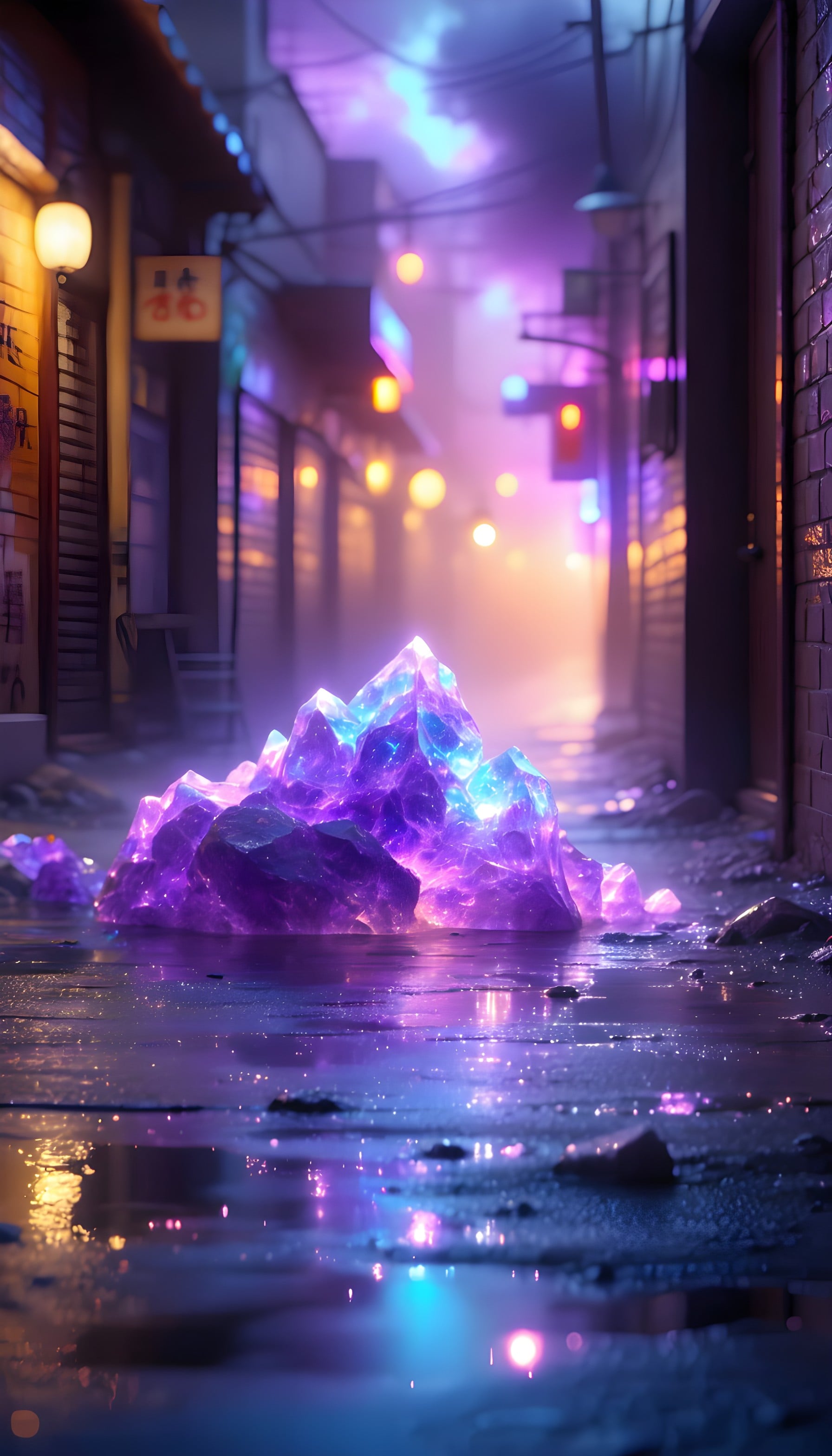 Glowing Crystal Alley Fantasy Phone Wallpaper, glowing crystals, neon alley, cyberpunk, fantasy art, purple aesthetic, blue glow